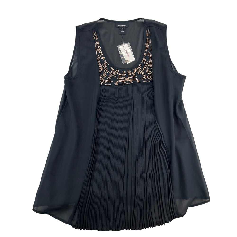 Lane Bryant Blouse Tunic Womens 14/16 Black Sleeveless Beaded Pleated NWT